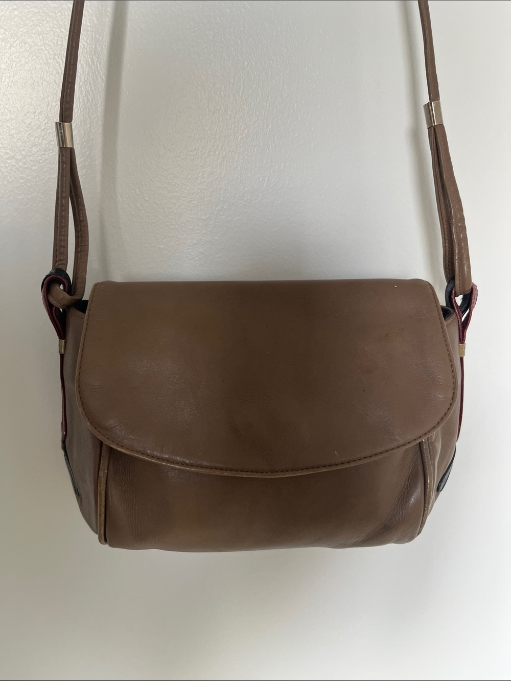 Vintage Lanvin Classic Fawn Leather Crossbody Mini Bag, with Maroon/Navy Details